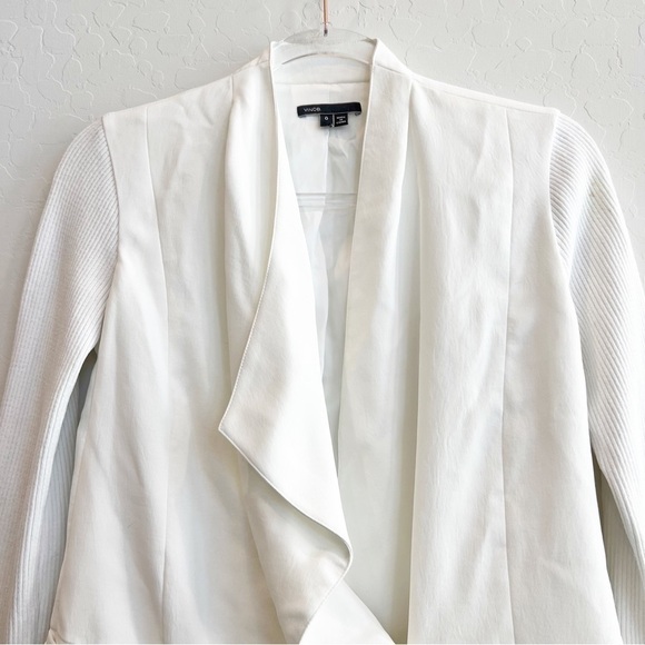 Vince Women's Drape Front Blazer Jacket Ribbed Knit Sleeves White One Button 0 - Picture 3 of 8